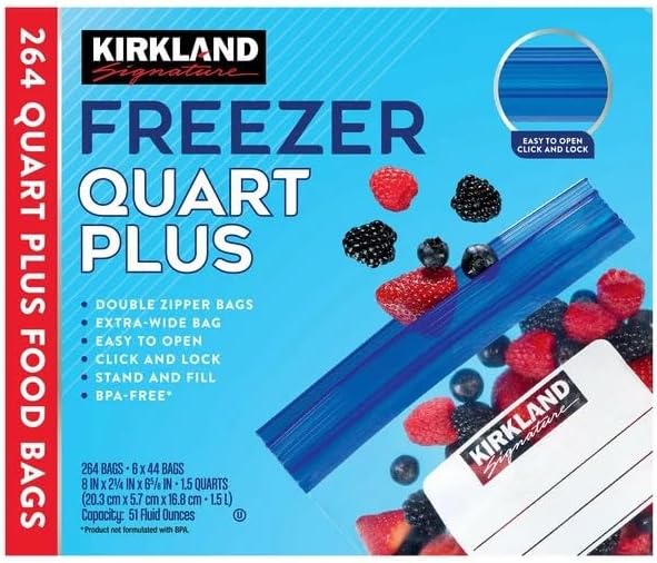Kirkland Signature Freezer Quart Plus Food Bags Double Zipper, 264 Count