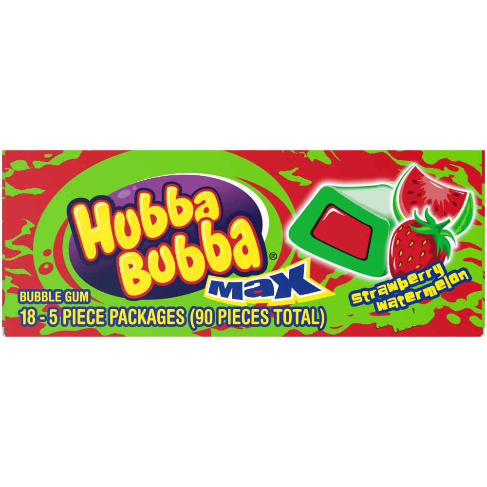HUBBA BUBBA Bubble Gum Bulk, Chewing Gum Bulk Strawberry Watermelon Flavored, 18 Pack, 5 Pieces, Candy