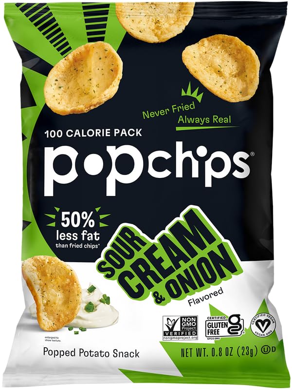 Popchips Potato Chips Variety Pack, Single Serve 0.8 Ounce Bags (Pack of 24), 4 Flavors: 8 Sea Salt, 8 BBQ, 4 Sour Cream & Onion, 4 Salt & Vinegar