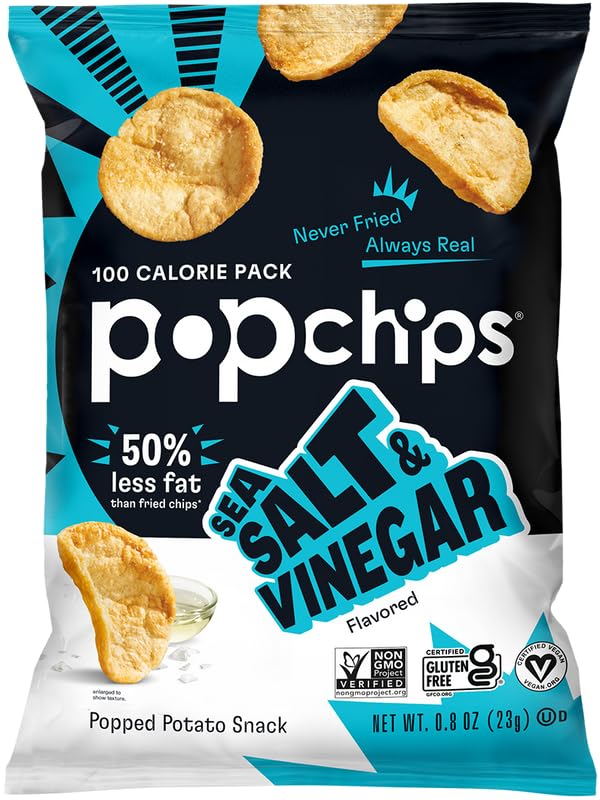 Popchips Potato Chips Variety Pack, Single Serve 0.8 Ounce Bags (Pack of 24), 4 Flavors: 8 Sea Salt, 8 BBQ, 4 Sour Cream & Onion, 4 Salt & Vinegar
