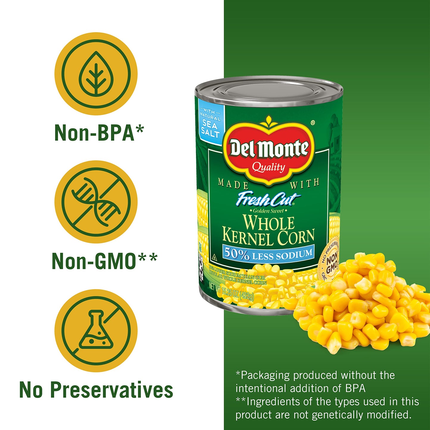 Del Monte FRESH CUT 50% Reduced Sodium Golden Sweet Whole Kernel Corn, Canned Vegetables, 12 Pack, 15.25 oz Can