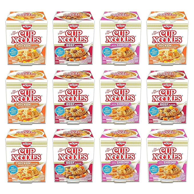 Nissin Cup O Noodles Variety 12 Pack, 2.25-Ounce, Beef, Chicken and Shrimp