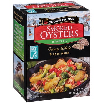 Crown Prince Smoked Oysters in Olive Oil, Fancy Whole, 3.75 oz, 6 ct