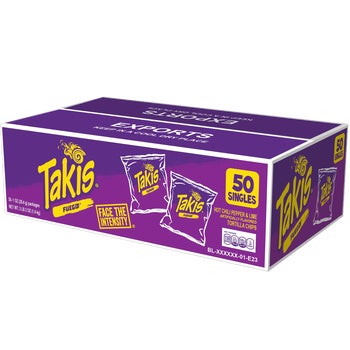 Takis Fuego Rolled Tortilla Chips, Hot Chili Pepper and Lime, 1 oz, 50 ct