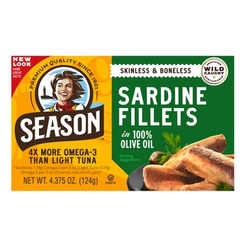 Season Sardine Fillets in 100% Olive Oil, Wild Caught, Skinless and Boneless, 4.375 oz, 6 ct