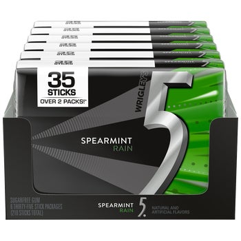 5 Gum Sugar Free Chewing Gum, Spearmint Rain, Mega Pack, 35 Sticks, 6 ct