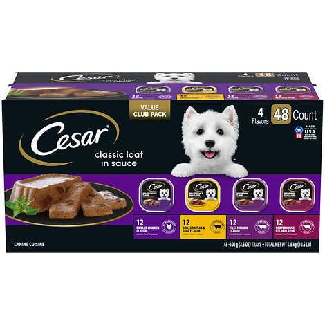 Cesar Wet Dog Food Classic Loaf in Sauce Grilles Steak & Egg, Filet Mignon, Grilled Chicken and Porterhouse Steak Variety Pack, 3.5 oz. Easy Peel Trays Variety Pack -4 Flavors(48 PK)