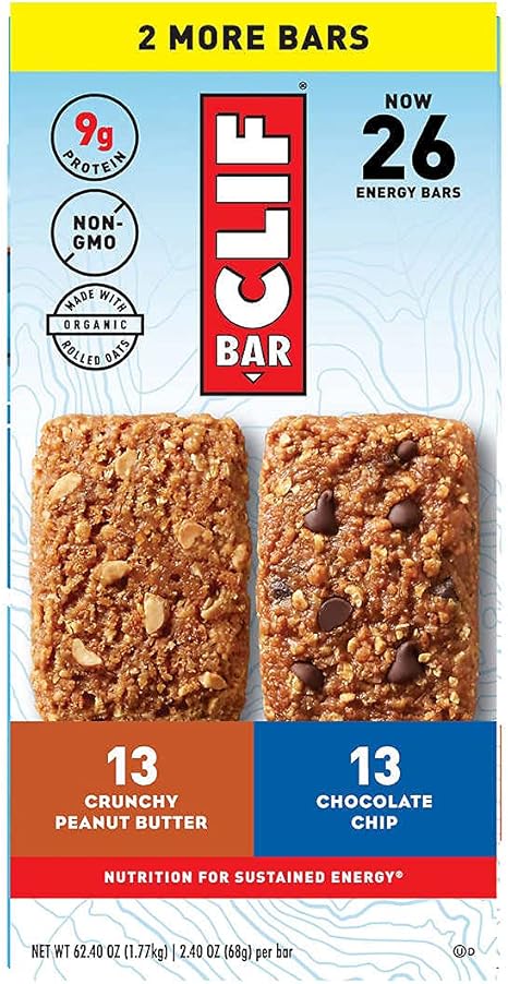 Clif Bar Variety Pack, Crunchy Peanut Butter and Chocolate Chip, 2.40 oz per bar, 26 Count
