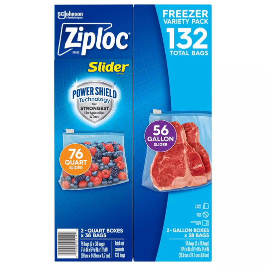 Ziploc Slider Freezer Bags Variety Pack, 132 Count, Power Shield Technology, 76 Quart and 56 Gallon Bags