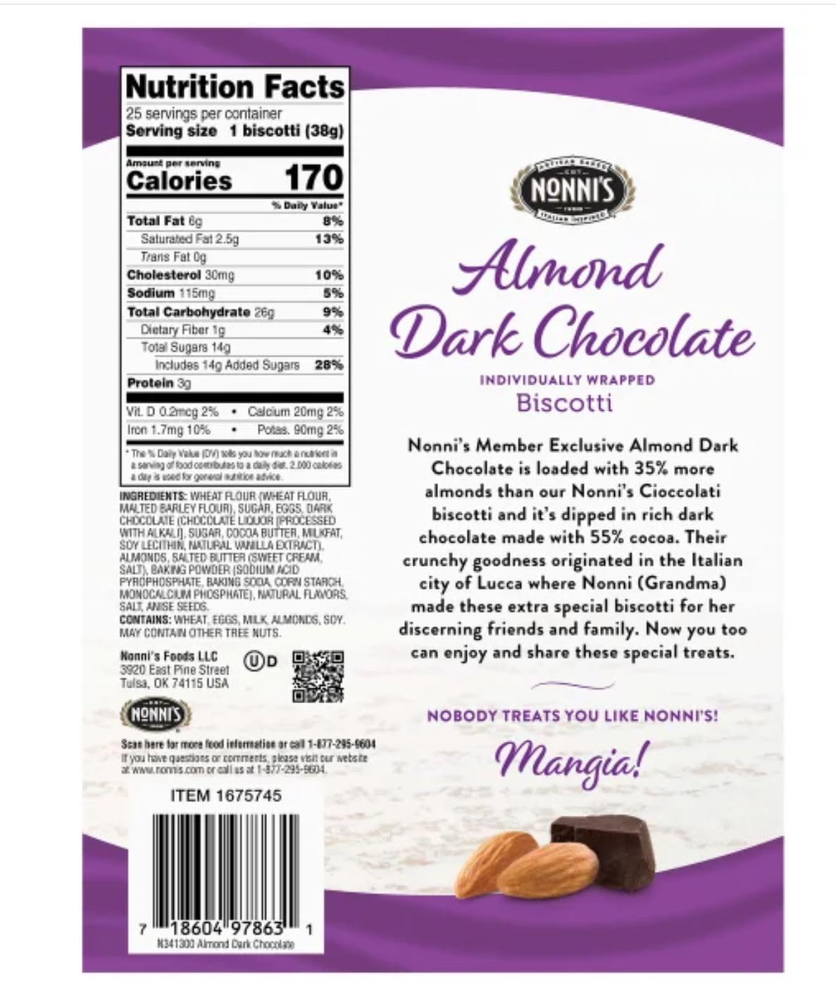 Nonni's Almond Dark Chocolate Biscotti: 25 Count, 2lb,1.25 oz (943 g)