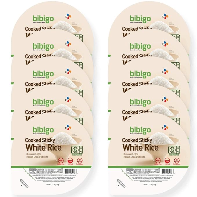 bibigo Cooked Sticky White Rice Bowls, Medium Grain, 7.4 oz, 12 ct