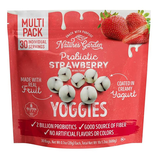 Nature's Garden Probiotic Strawberry Yoggies, 21oz (30 x 0.7oz), Yoggie Bites Strawberry Strawberry Yogurt Covered Snack Pack, High Fiber, Delicious Real Fruit Pieces, No Artificial Ingredients, Healthy Snack for Adults