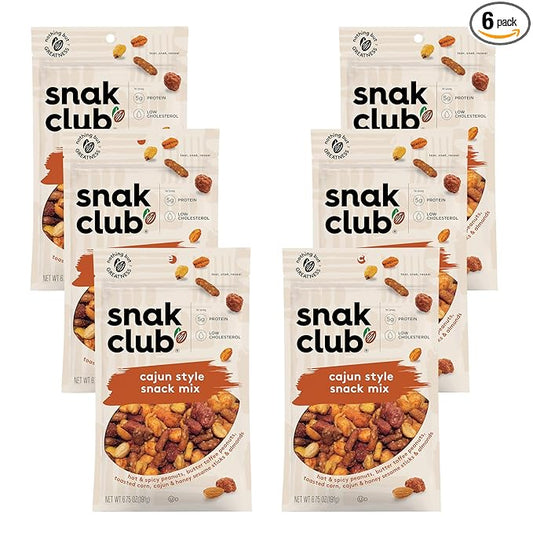 Snak Club Cajun Style Snack Mix with Hot and Spicy Peanuts, Butter Toffee Peanuts, Toasted Corn, Cajun and Honey Sesame Sticks, and Almonds, Kosher Trail Mix Snacks, 6.75 oz Resealable Bags, 6 Pack