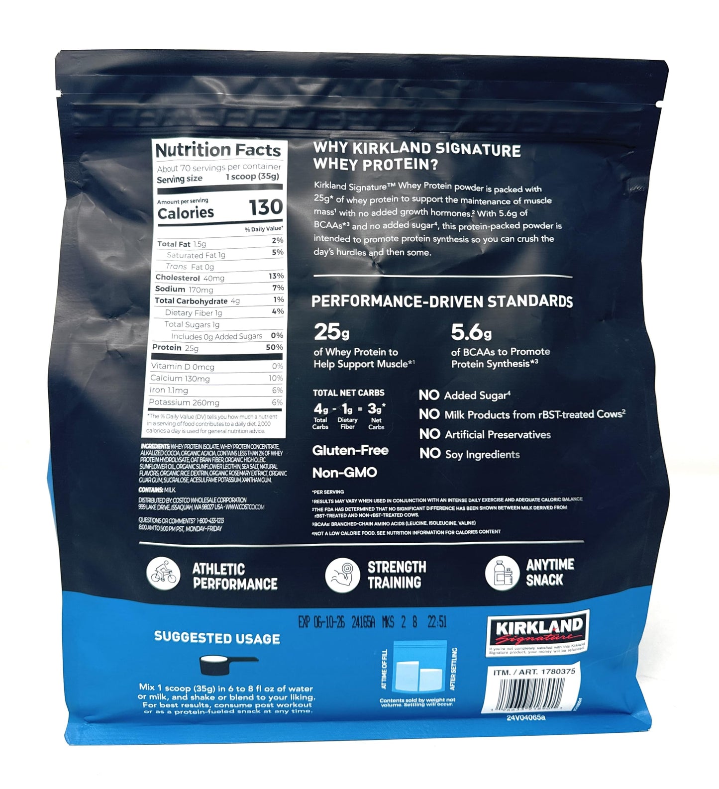 Kirkland Signature Whey 25g Protein,1g sugar,5.6g BCAAs,about 70 Servings Creamy Chocolate Flavorted