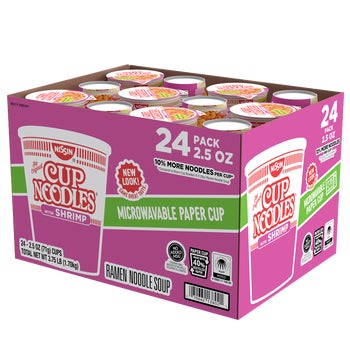 Nissin Cup Ramen Noodles Flavored Soup, Shrimp, 2.5 oz, 24 ct
