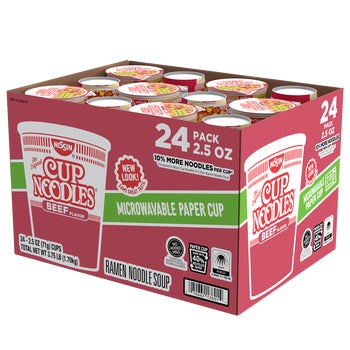 Nissin Cup Ramen Noodles Flavored Soup, Beef, 2.5 oz, 24 ct